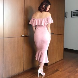Dusty Pink Off Shoulder Midi Dress